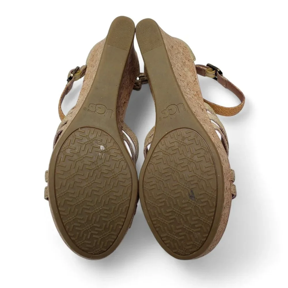 Ugg Lillie Platform Wedge Women's Metallic Gold Woven Strap Braided Ankle 9.5